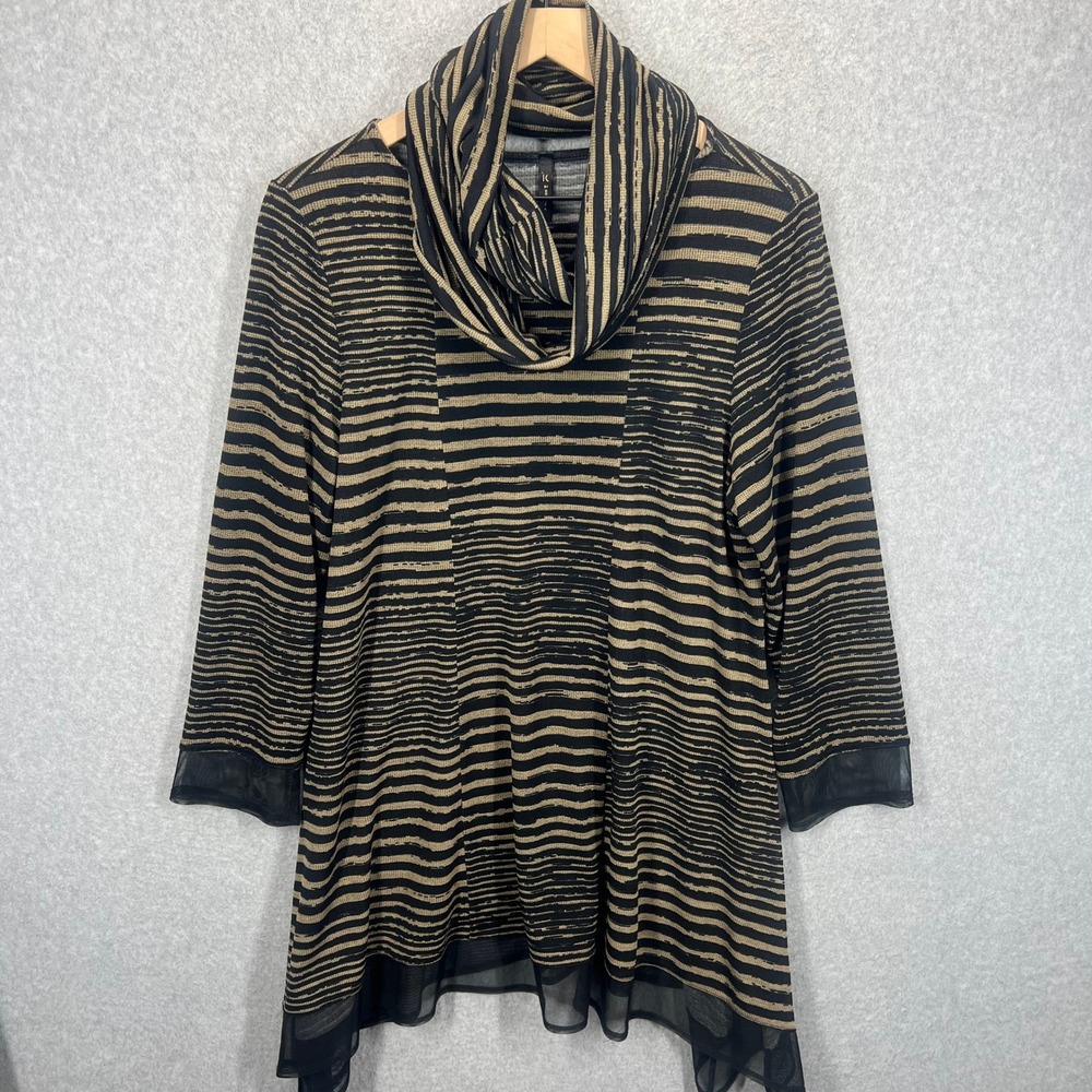 IC by Connie K Tunic Top Wrap Womens L Gold‎ Black Horizontal Striped Mesh Hem